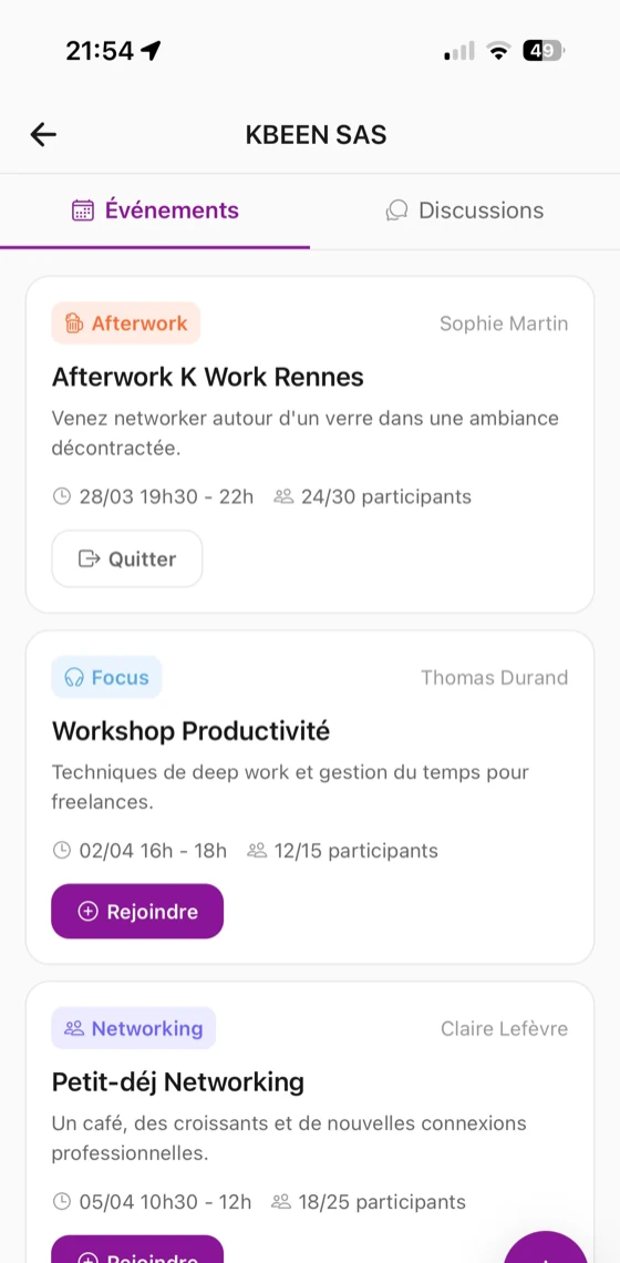 Les événements d'un espace dans l'application K-work